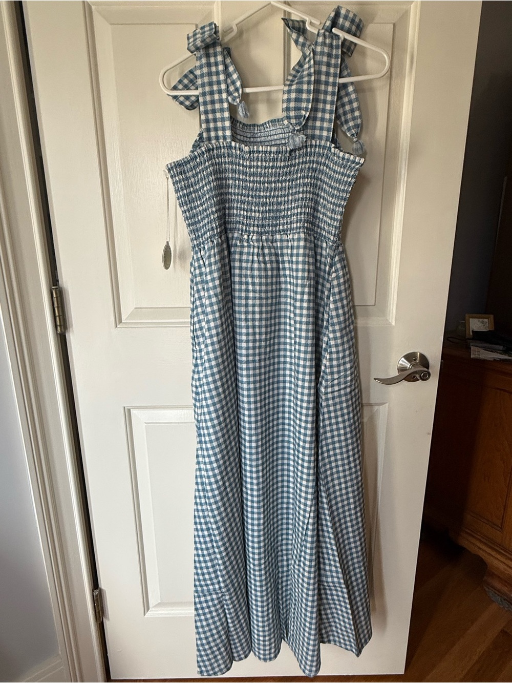 NWT Spartina 449 Blue Gingham Cottagecore Tie-Shoulder Midi Dress - Size M - Picture 3 of 9